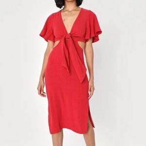 Lulu’s Summer Journey Red Tie-Front Cutout Midi Dress